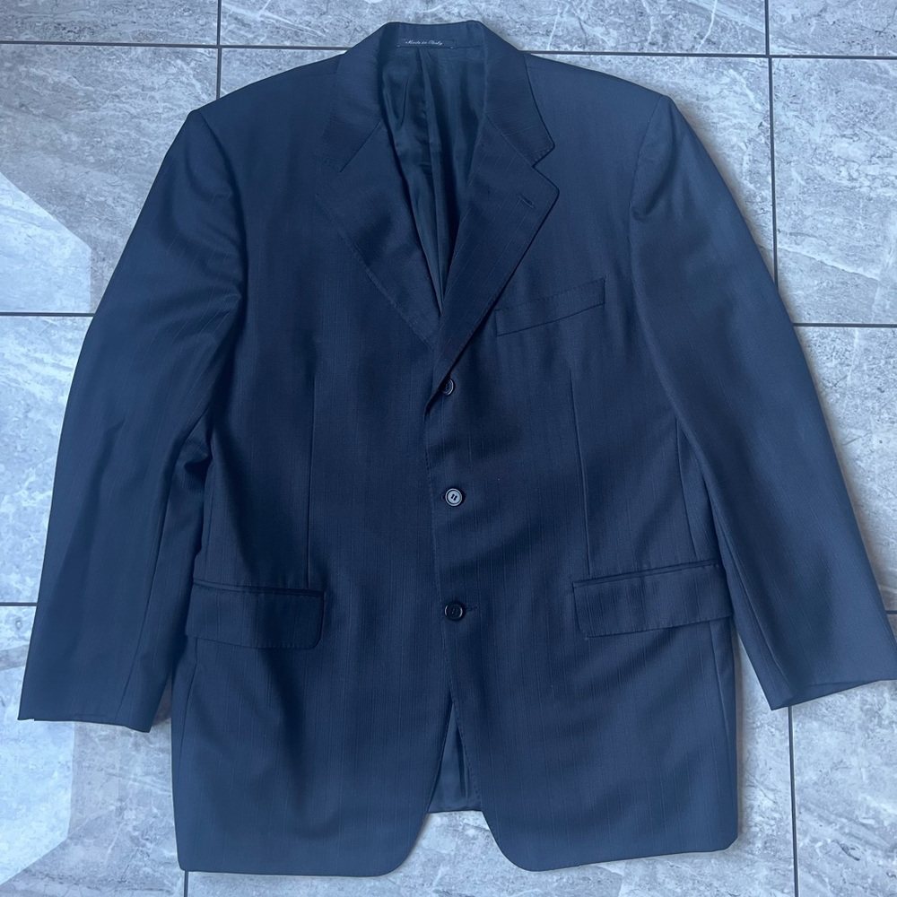 Canali Saks Fifth Avenue Mens Black Pinstriped Super 120s Wool Suit Jacket 54R